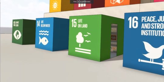 Screen capture of video in SketchUp VR of SDG #15 Cube Life on Land and Doorway into Cube
