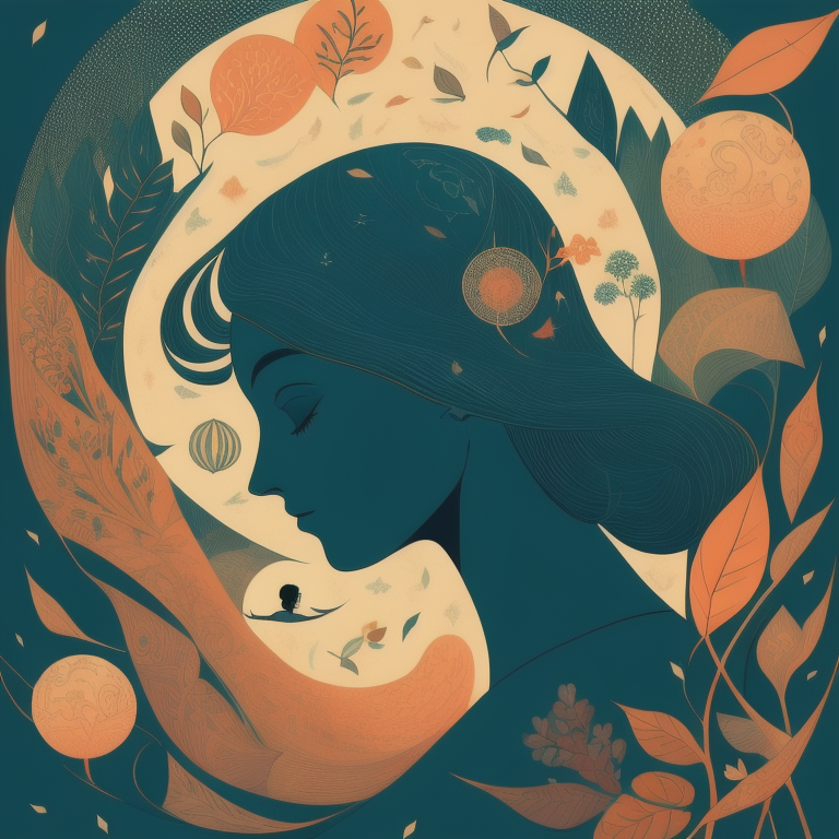 Drawing of female with eyes closed in a dreamy space